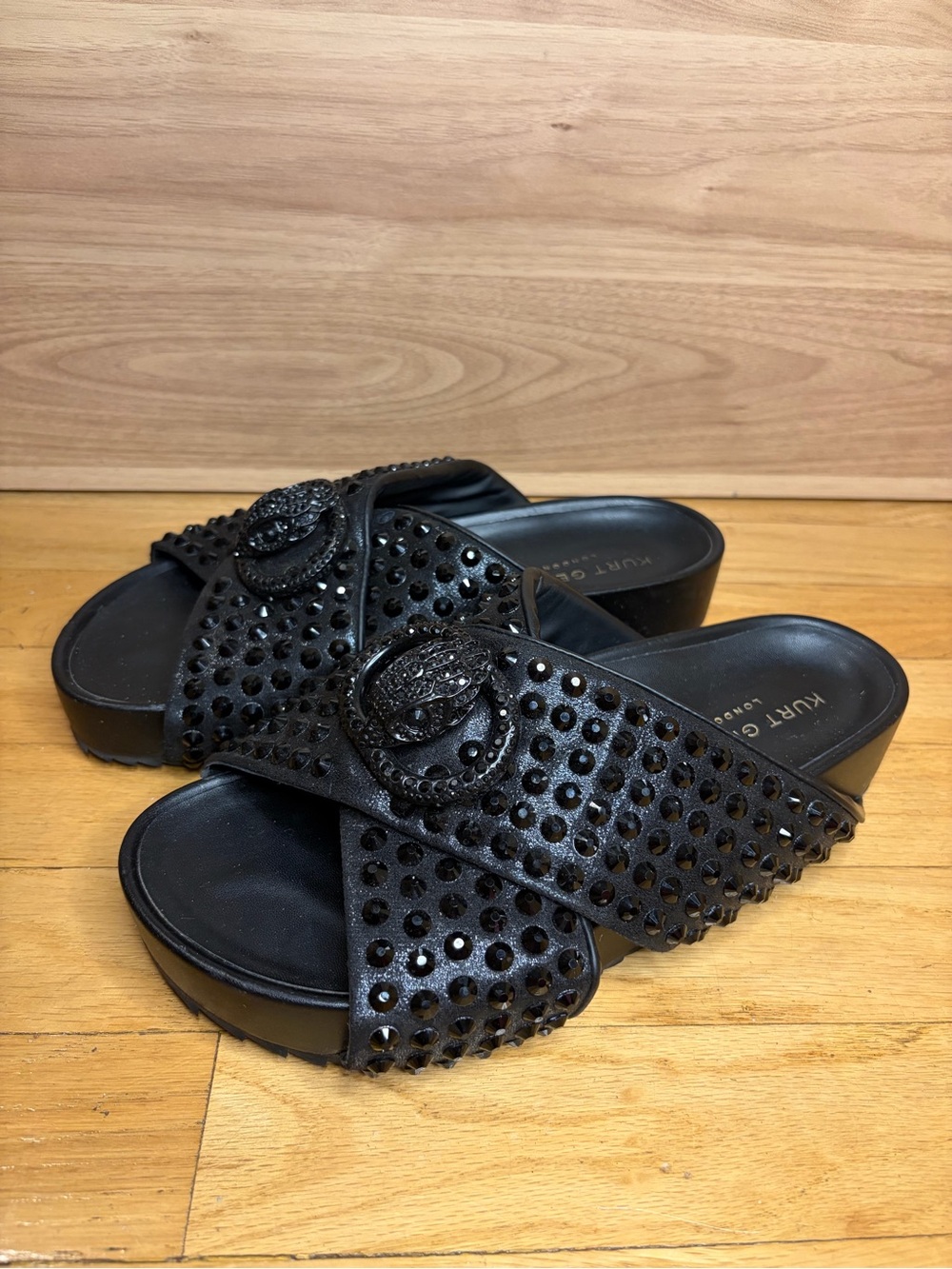 Kurt Geiger Chelsea Cross Strap Flatform Black Studded Sandals - Size 9